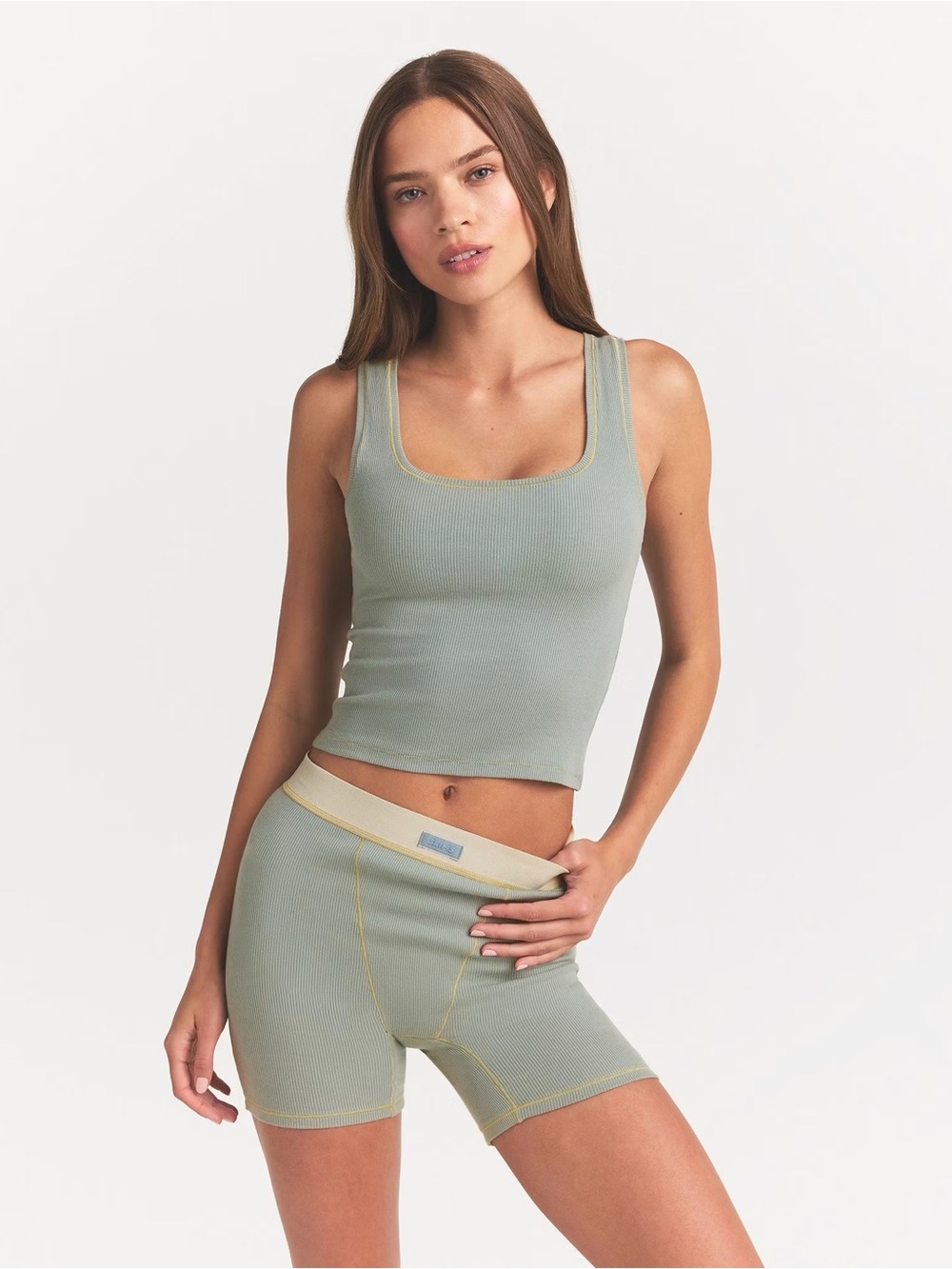 SKIMS Cotton Rib Tank Top Sage Green Contrast Stitching Size M